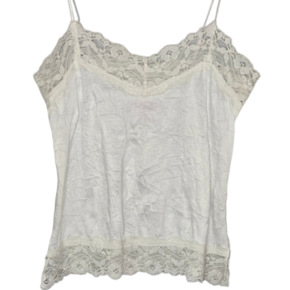 Deb Y2K Lace Trim Fitted Cami Tank Womens Large White 2000s Layering Crinkle